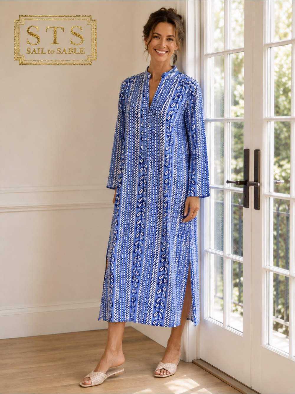STS Sail to Sable Blue White Cotton Long Caftan Resort Dress